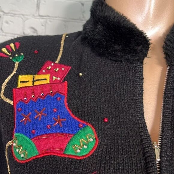 Vintage Embroidered Beaded Ugly Christmas Sweater Stocking themed Cardigan Large - Picture 4 of 8